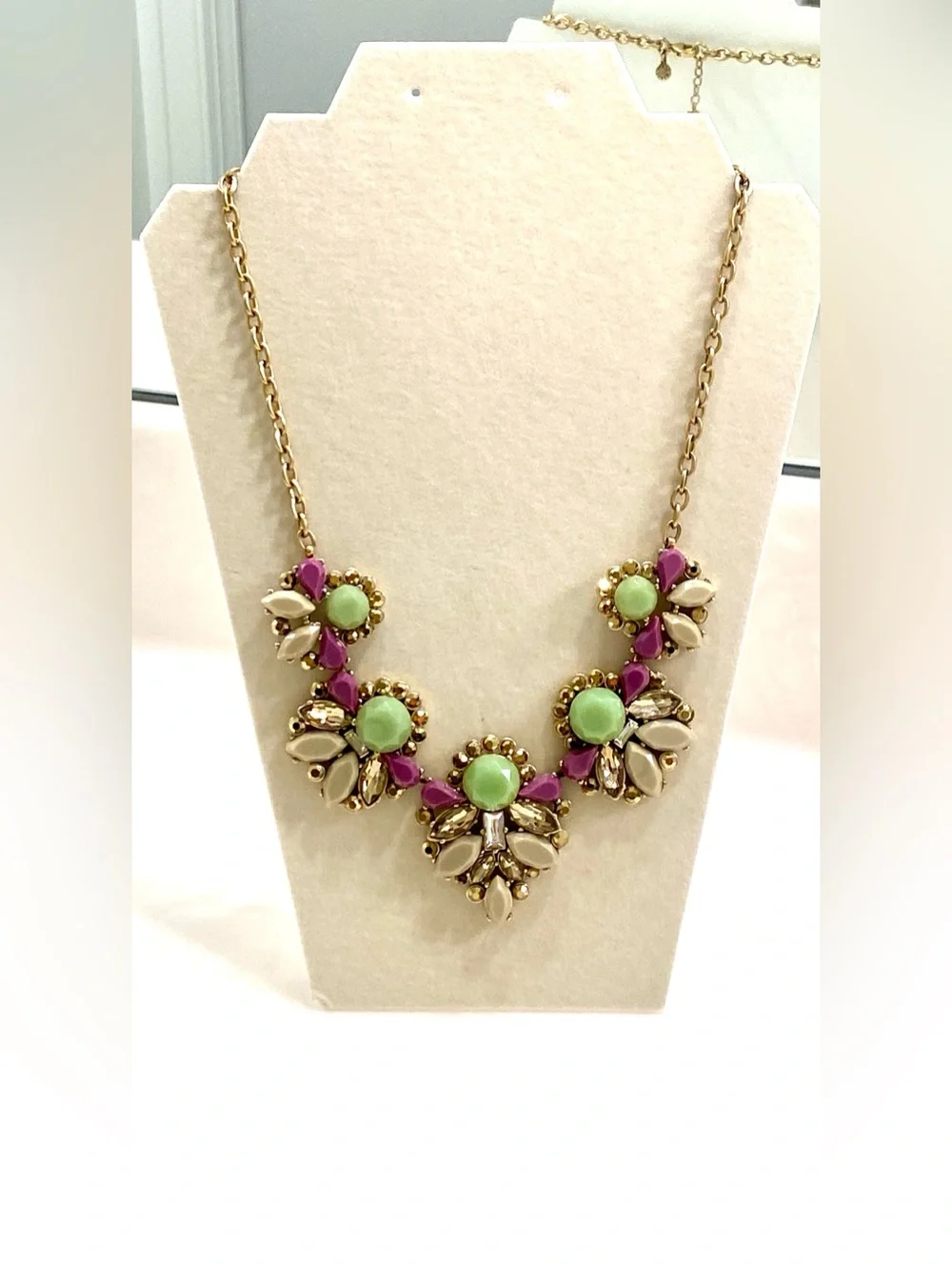 J. Crew Gold-Tone Floral Bib Necklace with Mint Green, Purple, and Cream Accents